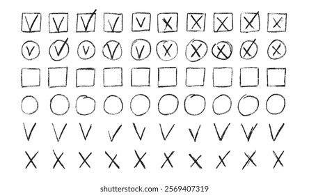 Set of checkboxes. Tick and check marks pack. Cross and v sign pencil drawn. Correct and wrong symbols. Vector doodle collection illustration isolated on white background.