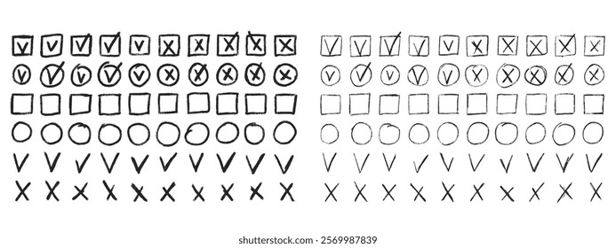 Set of checkboxes. Tick and check marks pack. Cross and v sign pencil drawn. Correct and wrong symbols. Vector doodle collection illustration isolated on white background.