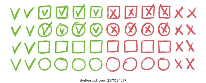 Set of checkboxes. Tick and check marks pack. Cross and v sign pencil drawn. Correct and wrong symbols. Vector doodle collection illustration isolated on white background.