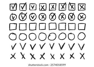 Set of checkboxes. Tick and check marks pack. Cross and v sign pencil drawn. Correct and wrong symbols. Vector doodle collection illustration isolated on white background.