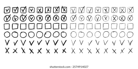 Set of checkboxes. Tick and check marks pack. Cross and v sign pencil drawn. Correct and wrong symbols. Vector doodle collection illustration isolated on white background.