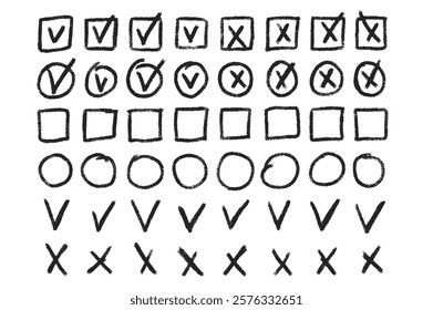 Set of checkboxes. Tick and check marks pack. Cross and v sign pencil drawn. Correct and wrong symbols. Vector doodle collection illustration isolated on white background.