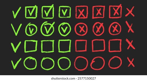 Set of checkboxes. Tick and check marks pack. Cross and v sign pencil drawn. Correct and wrong symbols. Vector doodle collection illustration isolated on dark background.