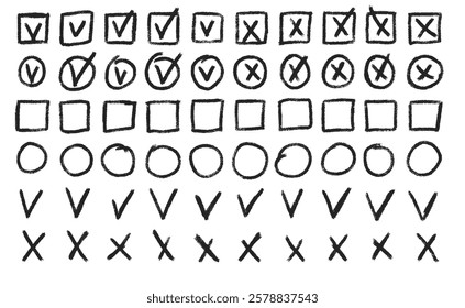 Set of checkboxes. Tick and check marks pack. Cross and v sign pencil drawn. Correct and wrong symbols. Vector doodle collection illustration isolated on white background.