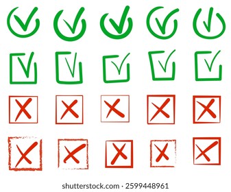Set of checkboxes. Tick and check marks pack. Cross and v sign pencil drawn. Correct and wrong symbols. Vector doodle collection illustration isolated on white background.