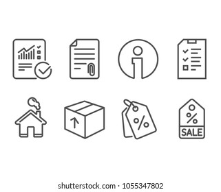 Set of Checked calculation, Attachment and Interview icons. Package, Discount tags and Sale coupon signs. Statistical data, Attach file, Checklist file. Delivery pack, Sale coupons, Discount tag