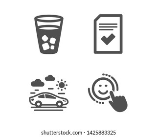 Set of Checked file, Car travel and Ice tea icons. Smile sign. Correct document, Transport, Soda beverage. Positive feedback.  Classic design checked file icon. Flat design. Vector