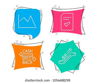 Set of Checked file, Cashback card and Line chart icons. Escalator sign. Correct document, Money payment, Financial graph. Elevator.  Flat geometric colored tags. Vivid banners. Trendy graphic design