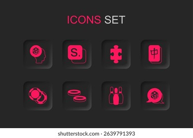 Set Checker game chips, Bingo, Game dice, Bowling pin, Mahjong pieces, Puzzle toy and Casino icon. Vector
