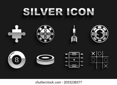 Set Checker game chips, Casino with dollar, Tic tac toe, Hockey table, Billiard pool snooker ball, Dart arrow, Puzzle pieces toy and roulette wheel icon. Vector
