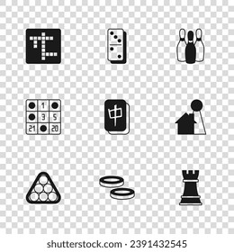 Set Checker game chips, Chip for board, Chess, Mahjong pieces, Bowling pin, Crossword, Domino and Bingo card icon. Vector