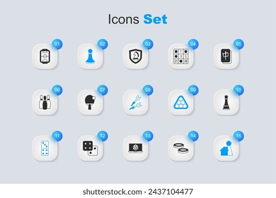 Set Checker game chips, Racket, Chess pawn, Domino, Chip for board, Table football and Dart arrow icon. Vector