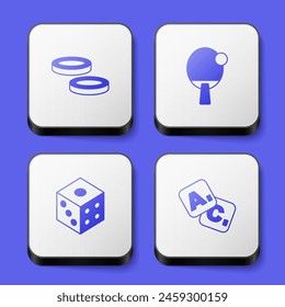 Set Checker game chips, Racket, Game dice and Bingo icon. White square button. Vector