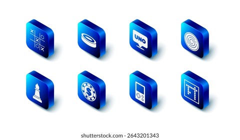 Set Checker game chips, Uno card, Bingo, Tetris, Casino with dollar, Chess and Tic tac toe icon. Vector