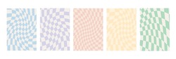 Set Of Checkerboard Backgrounds In Pale Pastel Colors. Groovy Hippie Chessboard Pattern. Retro 60s 70s Psychedelic Design. Gingham Vector Wallpaper Collection For Print Templates Or Textile.