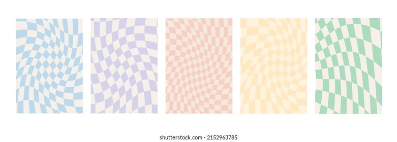 Set of checkerboard backgrounds in pale pastel colors. Groovy hippie chessboard pattern. Retro 60s 70s psychedelic design. Gingham vector wallpaper collection for print templates or textile.