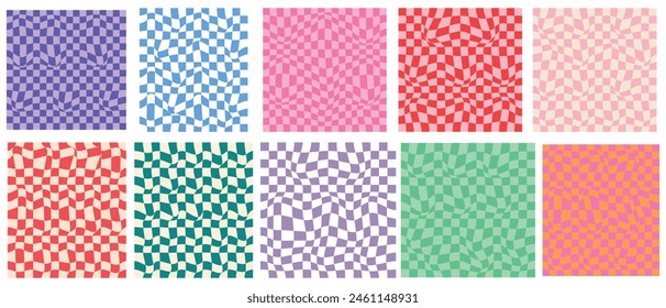 Set of checkerboard backgrounds in pale pastel colors. Groovy hippie chessboard pattern. Retro 60s 70s psychedelic design. Gingham vector wallpaper collection for print templates or textile. eps 10