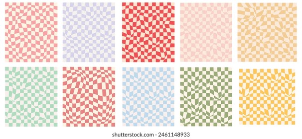 Set of checkerboard backgrounds in pale pastel colors. Groovy hippie chessboard pattern. Retro 60s 70s psychedelic design. Gingham vector wallpaper collection for print templates or textile. eps 10