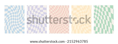 Set of checkerboard backgrounds in pale pastel colors. Groovy hippie chessboard pattern. Retro 60s 70s psychedelic design. Gingham vector wallpaper collection for print templates or textile.