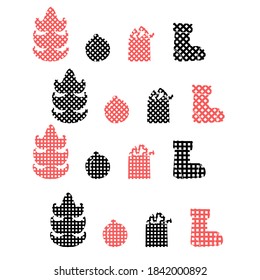 Set of checkered Christmas silhouettes in red and black color with straight and oblique cage, fir tree, gift, ball and sock vector illustration for design