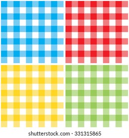 Set checkered colors tablecloth seamless pattern. Vector illustration of traditional gingham dining cloth with fabric texture. Checkered picnic cooking tablecloth different colors.