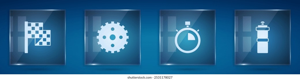 Set Checkered flag, Bicycle sprocket crank, Stopwatch and Sport bottle with water. Square glass panels. Vector