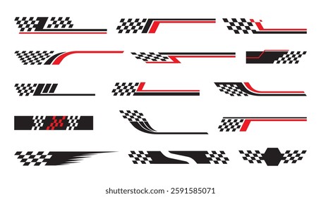set checkered flag designs, racing stripe speed, finish line motorsport.