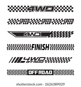 Set karierte Flagge Designs, Rennen Streifen Geschwindigkeit, Ziellinie Motorsport, Silhouetten Textzeilen