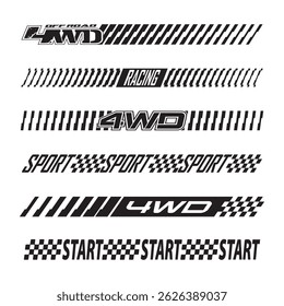 Set karierte Flagge Designs, Rennen Streifen Geschwindigkeit, Ziellinie Motorsport, Silhouetten Textzeilen