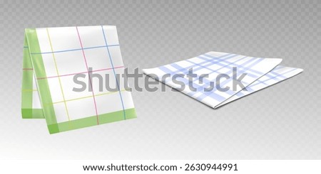 Set of checkered kitchen towels, cloth napkins with colour check pattern. Folded square textile dishcloths with crossing color lines, tea towels mockup isolated on white background.