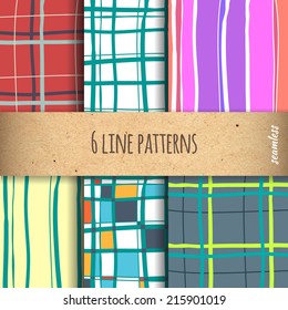 Set of Checkered and Linear Colorful Seamless Patterns. Vector Endless Backgrounds.
