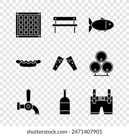 Set de servilleta a cuadros, banco, pescado, grifo de cerveza, botella, Lederhosen, sándwich Hotdog y vaso de icono de cerveza. Vector