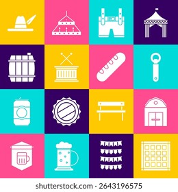 Set Checkered napkin, Farm House, Bottle opener, Lederhosen, Musical drum and sticks, Wooden barrel, Oktoberfest hat and French baguette bread icon. Vector