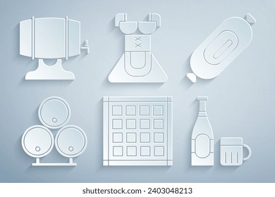 Set Checkered napkin, Salami sausage, Wooden barrels, Beer bottle and glass, Costume for women dirndl and on rack icon. Vector
