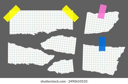 Set of checkered paper sheets from a math notebook, torn into pieces, pasted on tape for text, collage, banner, flyer, wallpaper. Isolated vector illustration on gray background EPS10