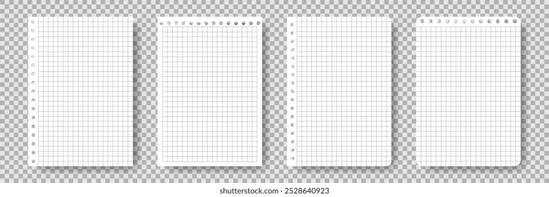 Conjunto de folhas de papel xadrez do bloco de notas. Modelo Folha branca para anotações. Página de notebook para educação. Papel de carta em branco com sombra isolada sobre fundo transparente