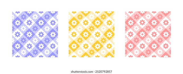 Conjunto de amostras padrão quadriculadas com flores. Texturas para piquenique de primavera ou verão, toalha de mesa, guardanapo ou cobertor. Fundos de tecido com impressão de gingham bonito. Ilustração plana vetorial.