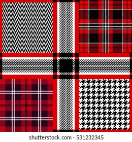 Set of checkered plaid patterns. Asymmetric composition. Zig zag, hounds tooth print. Retro textile collection. Black, red, white.
