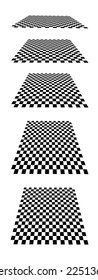 Set of checkered planes in perspective isolated on white background. Tiled floor point of view. Sloped checkerboard texture. Inclined board with black and white squaresd pattern. Vector illustration