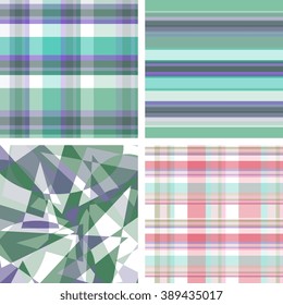 Set of checkered seamless fabric background, striped and triangular patterns. Vector illustration.