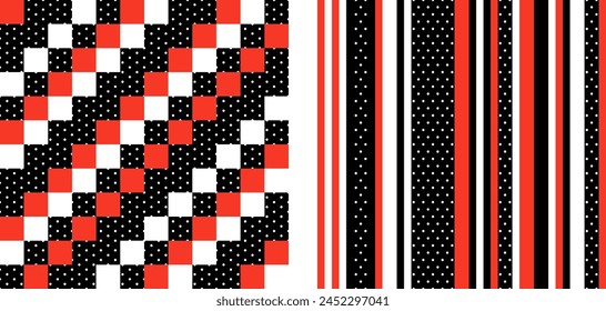 Set of checkered and striped seamless patterns created in colors and shapes that complement each other. Thin and thick stripes, diagonal checks polka dot. For textile design, wrapping etc. Vector.