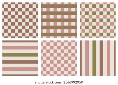 Set of Checkered and Striped Seamless Patterns. Geometric Backgrounds in Earthy Tones.