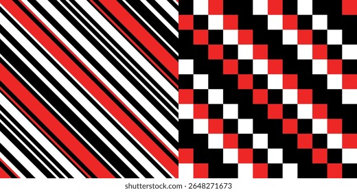 Conjunto de padrões contínuos quadriculados e listrados criados em cores e formas que se complementam. Planos de fundo com listras diagonais finas e grossas e verificações. Cores brancas, vermelhas e pretas. Vetor.