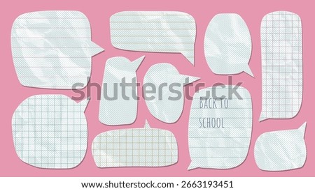 Set of checkered and striped speech bubbles made of crumpled white paper, isolated template for banner. Dialogue balloons with dotted texture, halftone effect, notebook sheet with jagged torn edges