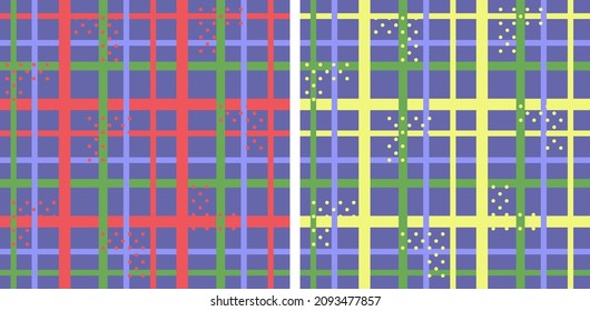 Set of checkered Vector seamless pattern with yellow, red, green, purple stripes and polka dots on Very Peri violet background. Trendy colors geometry. Modern gingham design. Cute print for fabric.