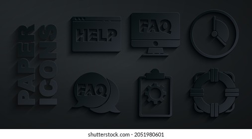 Set Checklist with 24 hours service, Time Management, Speech bubble FAQ, Lifebuoy, Computer monitor and and Browser help icon. Vector