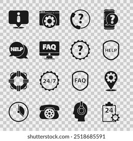 Set Checklist with 24 hours service, Location gear, Shield text Help, Telephone support, Computer monitor and FAQ, Speech bubble, Information and Question mark icon. Vector