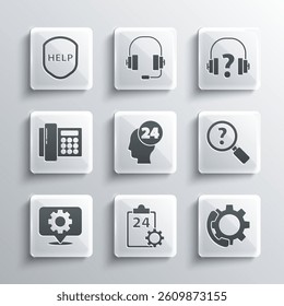 Set Checklist with 24 hours service, Telephone support, Unknown search, Support operator in touch, Location gear, Shield text Help and Headphones icon. Vector
