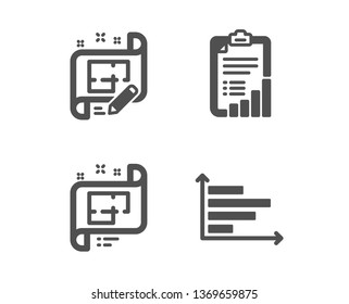 Set of Checklist, Architectural plan and Architect plan icons. Horizontal chart sign. Graph report, Technical project, Presentation graph.  Classic design checklist icon. Flat design. Vector