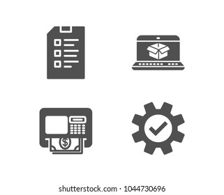 Set of Checklist, Atm and Online delivery icons. Service sign. Data list, Money withdraw, Parcel tracking website. Cogwheel gear.  Quality design elements. Classic style. Vector